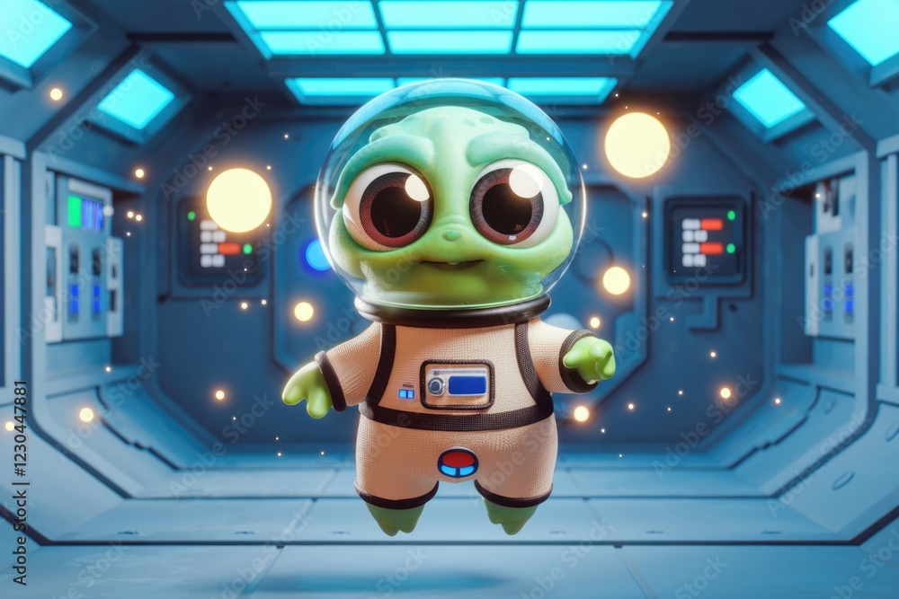 Poster adorable alien astronaut floats in a futuristic spaceship corridor, surrounded by glowing particles.