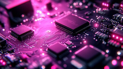 Close-up of illuminated circuit board with microchips.