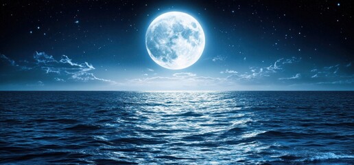 Serene Night: Full Moon over Calm Ocean