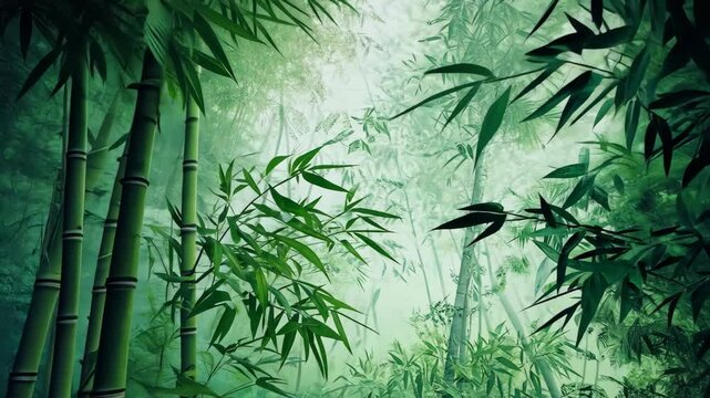Tranquil bamboo forest enveloped in misty green atmosphere in Japanese jungle, bamboo forest in the jungle green on japanese