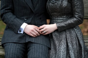 Elegant Couple Holding Hands on a Wooden Bench in Formal Attire