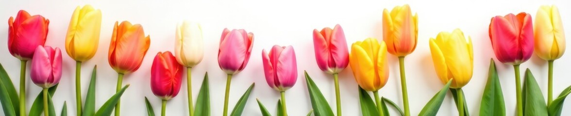 Obraz premium Colorful tulips scattered on a soft white background, blooms, spring