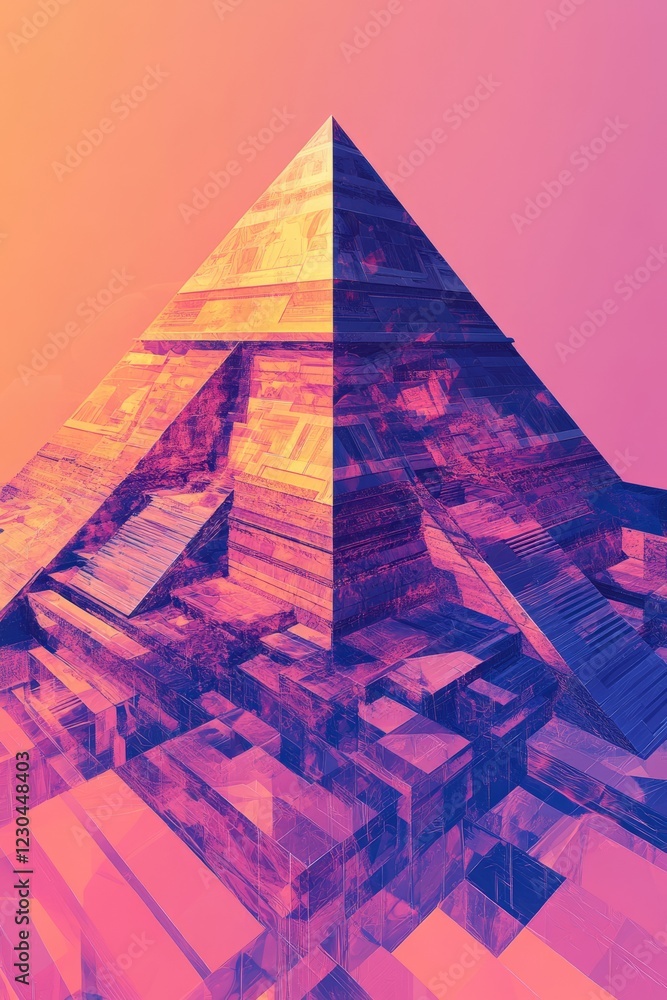Poster a pyramid is shown in a pink and purple color scheme. the pyramid is made of blocks and has a very u