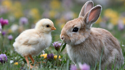 Chick and rabbit interacting on a spring meadow