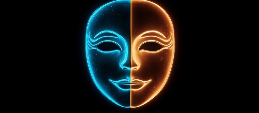 Dual-Faced Mask: Smiling and Serious Neon Art