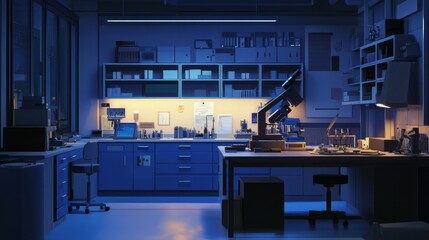 A high-tech laboratory interior illuminated by soft evening light, featuring state-of-the-art scientific equipment, microscopes, and blue cabinetry
