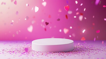 Elegant Valentine's Day Product Display on Frosted White Platform with Scattered Confetti Against Vibrant Gradient Background