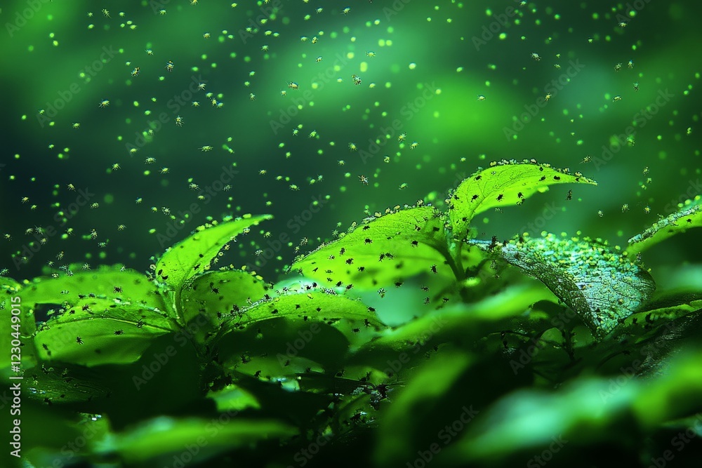 Poster luminous insects hovering around vibrant green leaves during twilight in a tropical jungle setting