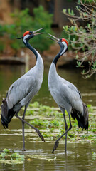 Obraz premium Pair of cranes interacting gracefully in a wetland area.