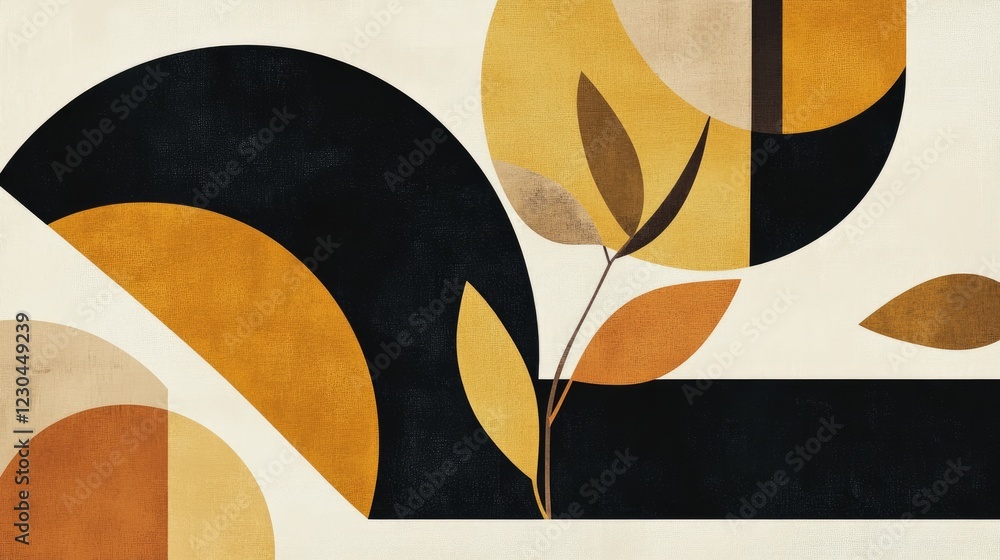 Poster a minimalist abstract artwork featuring geometric fruit and leaf shapes, designed in a scandinavian-
