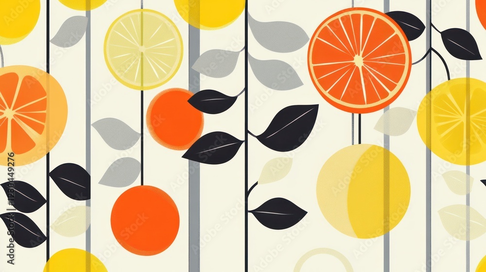 Poster a minimalist abstract artwork featuring geometric fruit and leaf shapes, designed in a scandinavian-