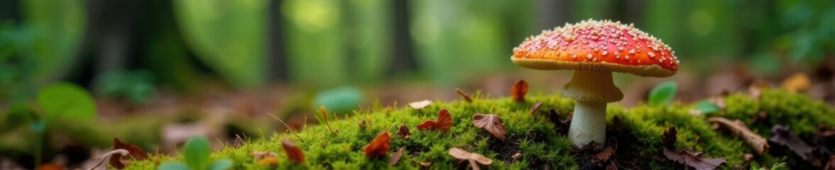 Fototapeta premium Fly agaric mycelium spreading on forest ground, forest floor, woodland