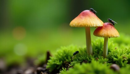 Fly mushrooms sprouting from the grass like tiny green flowers, earthy tones, forest floor