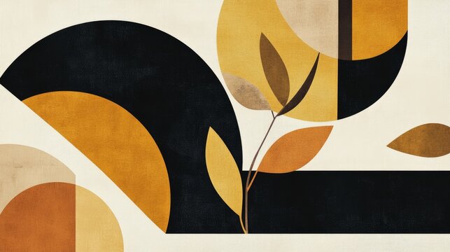 A minimalist abstract artwork featuring geometric fruit and leaf shapes, designed in a Scandinavian-inspired vector pattern