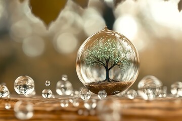 A miniature tree encased within a glistening water droplet, a magical scene of nature's wonder.