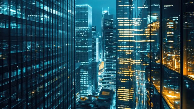 Spectacular nighttime skyline of a big modern city at night . Dubai, UAE. Aerial view on highways and skyscrapers. Copy space. High quality photo