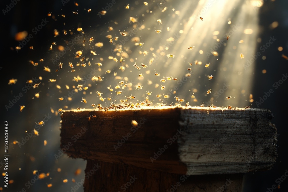 Poster Sunlight filters through trees illuminating dust particles dancing above a wooden surface in a serene forest setting