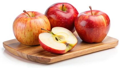 Fresh Red Apples on Wooden Cutting Board - Whole and sliced red apples placed on a wooden cutting board, isolated on a white background, highlighting freshness and natural sweetness.