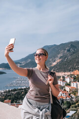 ourney, young woman embarks solo journey, middle breathtaking mountain panorama. Embracing self-care digital nomad lifestyle, freedom, adventure and personal growth