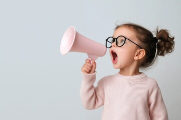 Naklejka premium A little girl with glasses and pink clothes, shouts loudly through a megaphone, child speaker.