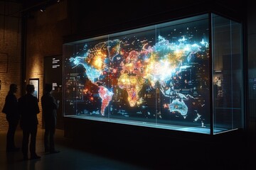 Interactive digital map display engaging visitors in a modern exhibit at an urban museum