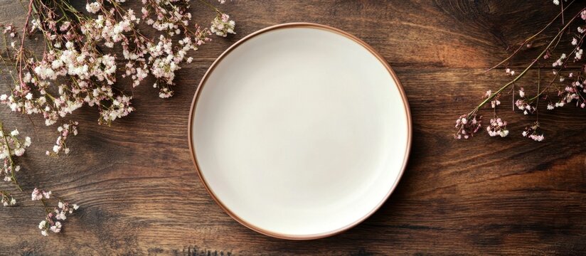 Empty White Plate with Delicate Pink Flowers on Rustic Wood Tabletop - Flat Lay Mockup