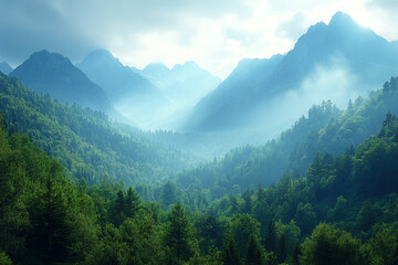 Obraz premium Misty Mountains and Verdant Forests A Scenic View