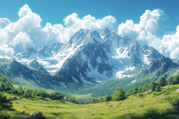 Fototapeta premium Majestic Snowcapped Mountains Overlooking Verdant Valley