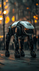 Obraz premium In a bustling city at dusk, a highly advanced robotic dog navigates the cobblestone streets