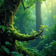 Jungle branch with moss and ferns growing on it, moss, ferns