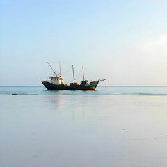 Obraz premium Fishing ship in water of Indian ocean on low tide Zanzibar Tanzania