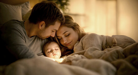 Fototapeta premium Loving parents cuddling with their sleeping baby in a warm, cozy bedroom setting, representing family bonds, tenderness, affection, and the peaceful moments of parenthood and togetherness