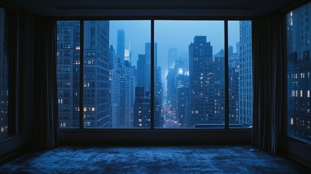 Midtown New York City Manhattan Skyline Buildings from High Rise Window. Beautiful Expensive Real Estate. Empty room Interior Skyscrapers View Cityscape. Night time. west side. 3d rendering.