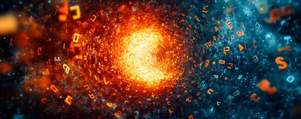 Colourful letters, numbers and symbols floating outward from a glowing open center. Education concept.