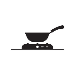 Minimalist cooking icon, frying pan on stovetop, cooking appliance silhouette, monochrome kitchen equipment