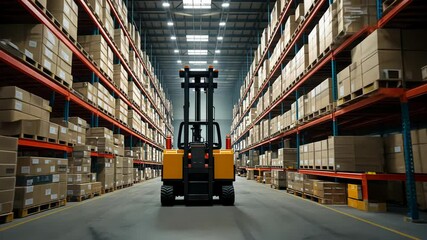 A forklift skillfully navigates the expansive warehouse, efficiently moving between rows of shelves filled with neatly arranged boxes. The activity ensures smooth operations in the storage area.