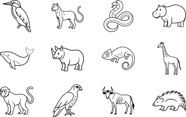 Fototapeta premium Wild Animals Illustrations. minimal line art animal, wild. coloring page for kids.