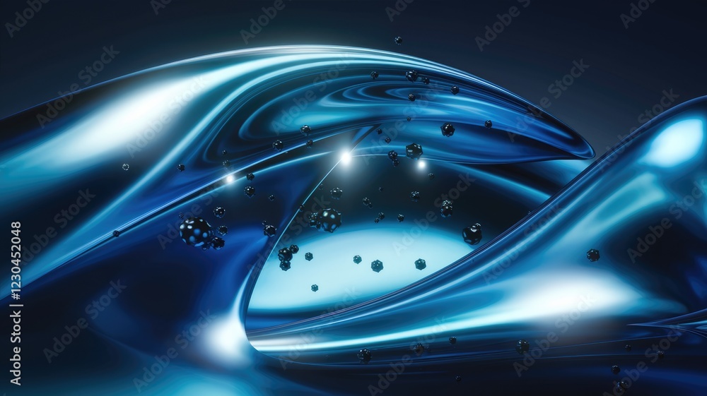 Poster Abstract 3D rendering of flowing blue liquid with dark spheres, creating a futuristic and elegant visual.