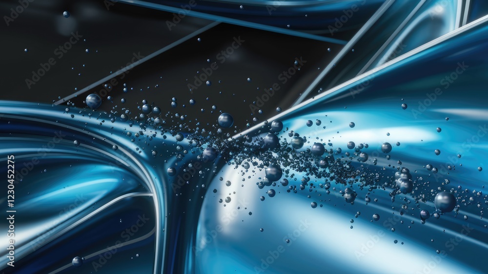 Poster Abstract 3D render of swirling blue liquid with dark spheres, creating a dynamic, futuristic scene.