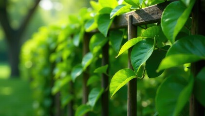 Lush green tea leaves hanging from a wooden trellis, plants, trees, wooden trellis