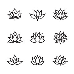 Lotus flower illustrations, black and white line drawings, minimalist floral designs 