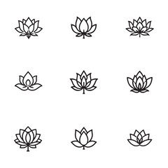 Lotus flower illustrations, black and white line drawings, minimalist floral designs 