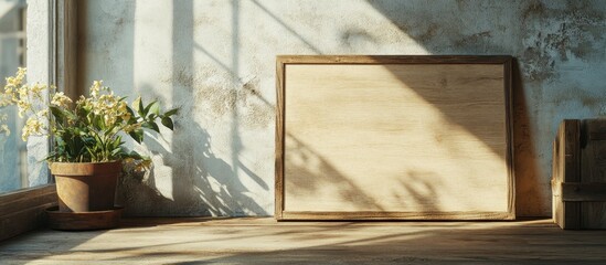 Fototapeta premium Rustic Wooden Signboard Mockup with Plant in Sunlit Room