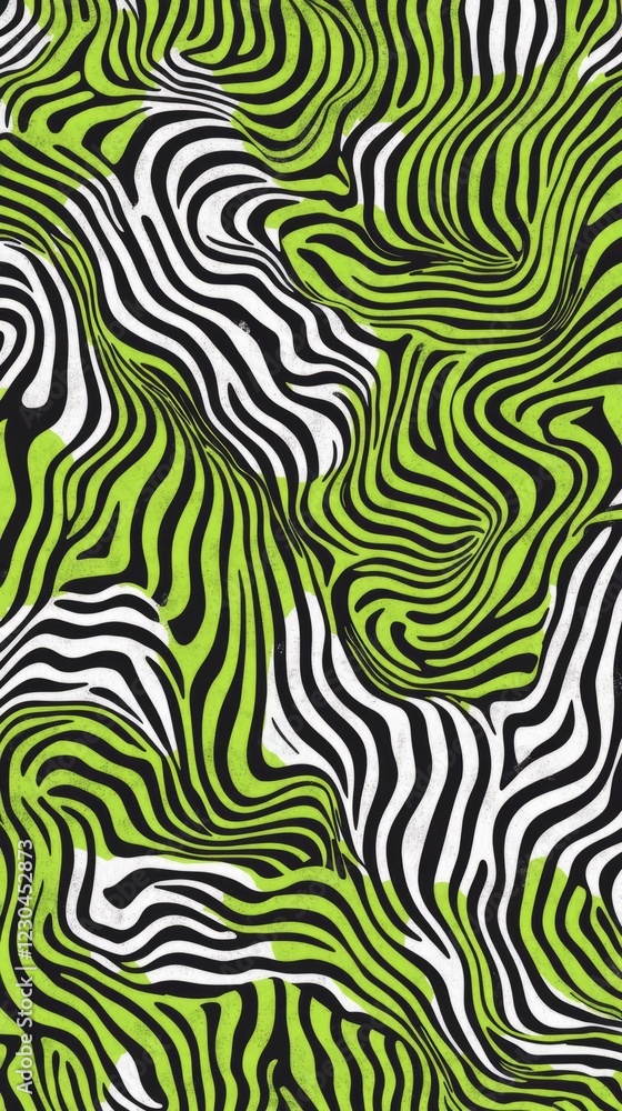 Poster eye-catching abstract design featuring a green and black zebra pattern with dynamic wavy lines, perf