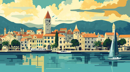 Illustration, Cityscape of trogir in Croatia, touristic advertisement poster. Beautiful touristic destination in Europe. Tourist must-see spot. Beautiful mediterian city at Adriatic Sea. Summer travel