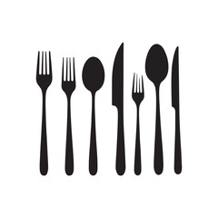 Silhouettes of cutlery, black and white flatware set