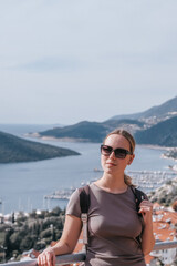 ourney, young woman embarks solo journey, middle breathtaking mountain panorama. Embracing self-care digital nomad lifestyle, freedom, adventure and personal growth