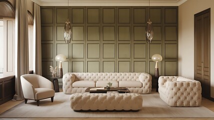 A stylish minimalistic, luxury living room with a light beige tufted sofa, a matching bench in front of a moss green paneled wall, a low coffee table, an armchair, windows, and decoration.