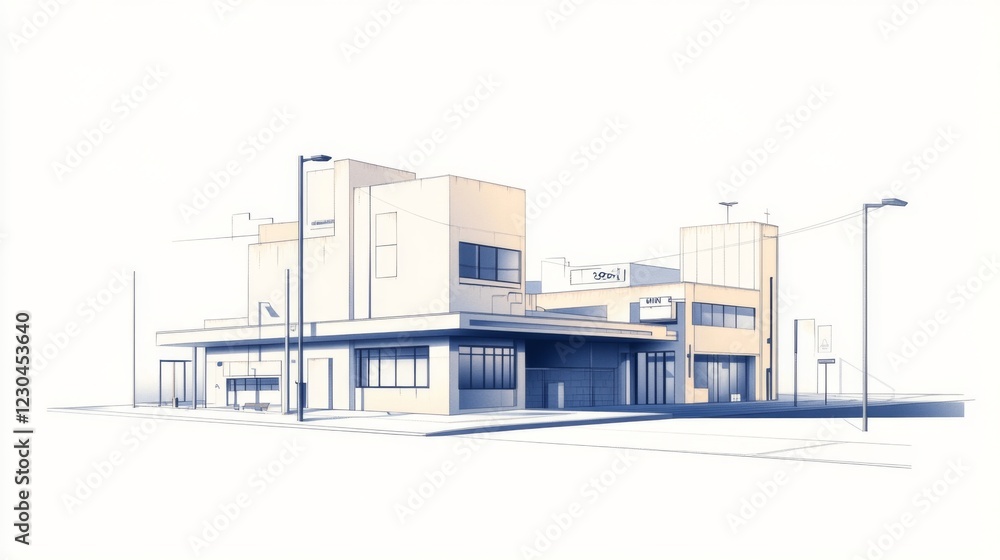 Poster architectural sketch of a modern building complex with simple lines and pastel colors.