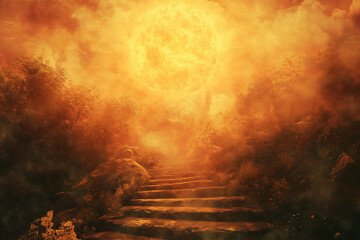 Fototapeta premium A road to heaven in radiant golden tones, bathed in bright, warm, and juicy colors. 